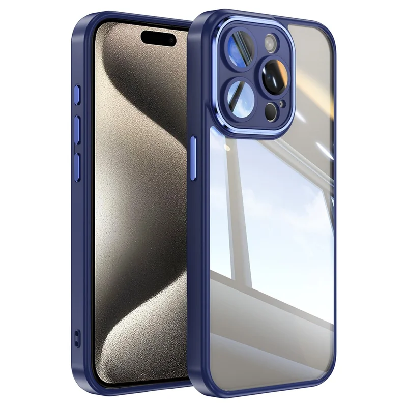 For iPhone 15 Pro Max Cell Phone Cases Camera Protection Metal Buttons TPU + Acrylic Cover - Dark Blue