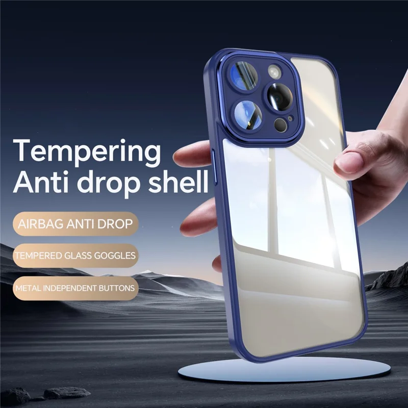 For iPhone 15 Pro Max Cell Phone Cases Camera Protection Metal Buttons TPU + Acrylic Cover - Dark Blue