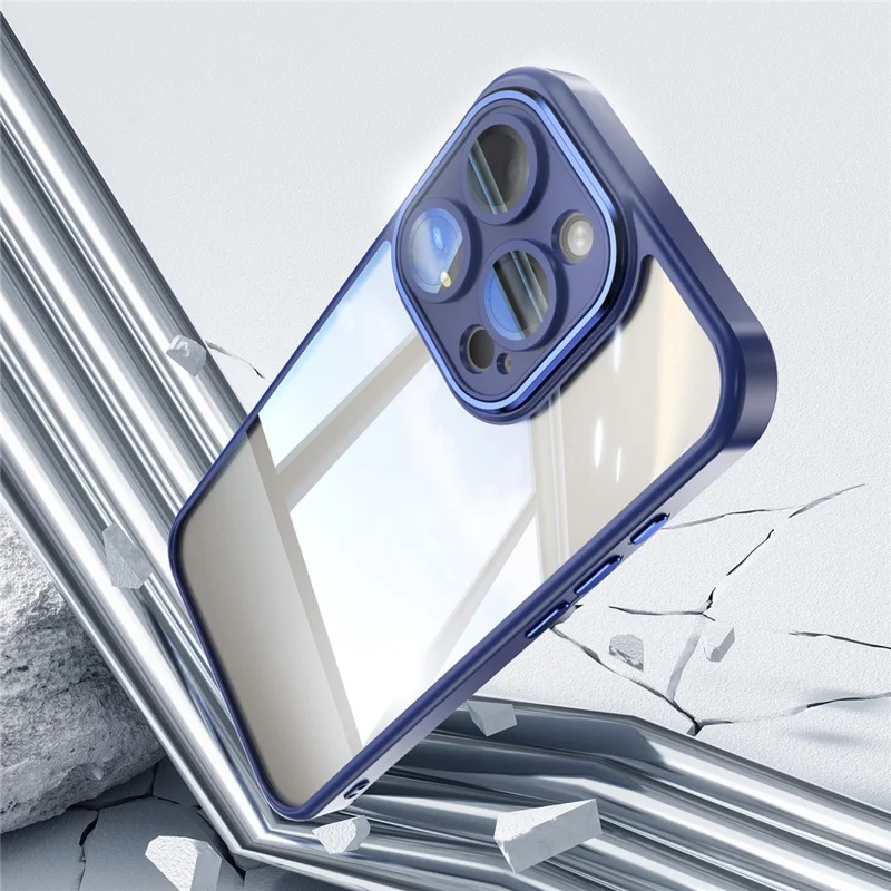 For iPhone 15 Pro Max Cell Phone Cases Camera Protection Metal Buttons TPU + Acrylic Cover - Dark Blue