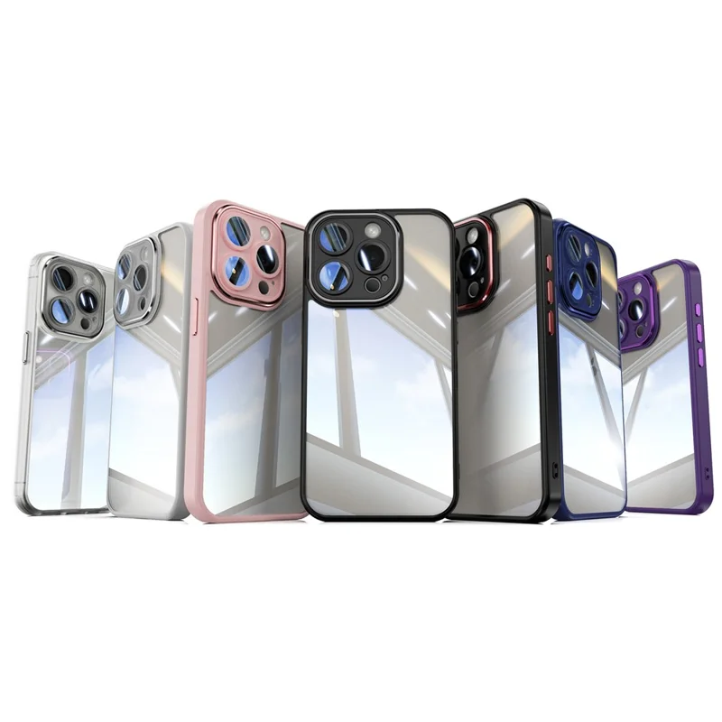 For iPhone 15 Pro Max Cell Phone Cases Camera Protection Metal Buttons TPU + Acrylic Cover - Dark Blue
