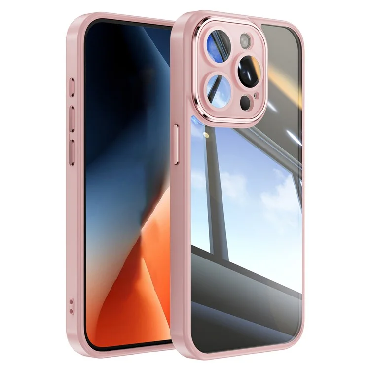 For iPhone 13 Pro Max Case Acrylic+TPU Phone Cover Metal Lens Frame Phone Protective Shell - Pink