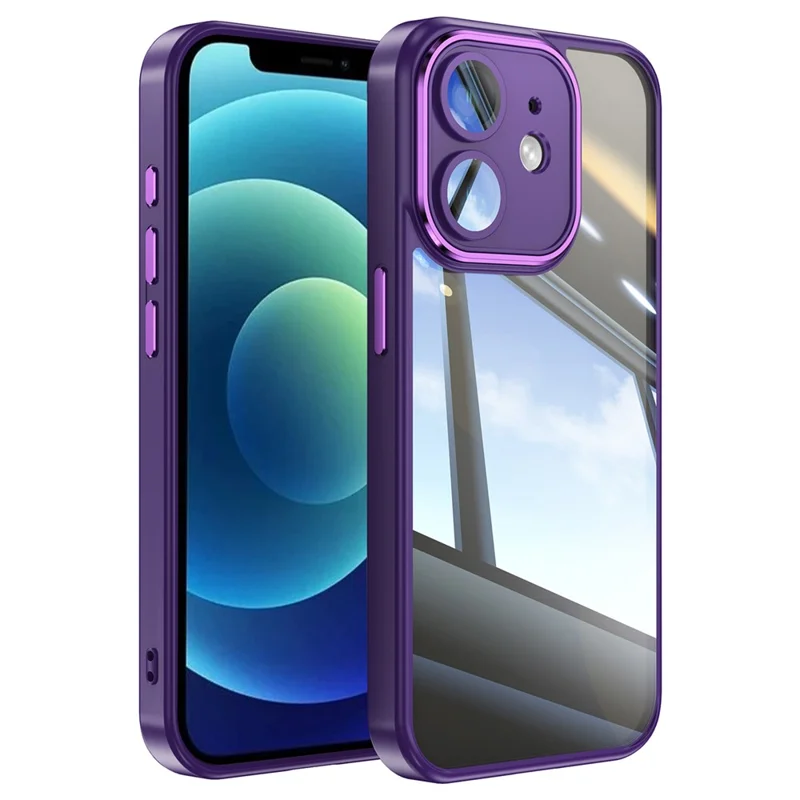 For iPhone 12 Case Camera Protection Metal Buttons TPU + Acrylic Anti-Scratch Phone Cover - Dark Purple