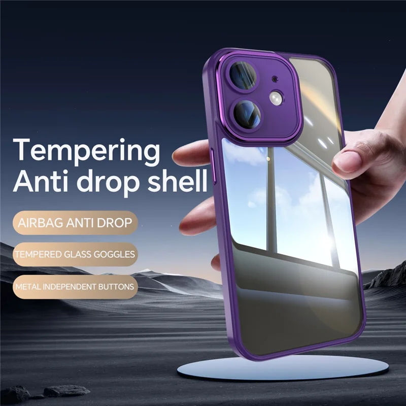 For iPhone 12 Case Camera Protection Metal Buttons TPU + Acrylic Anti-Scratch Phone Cover - Dark Purple