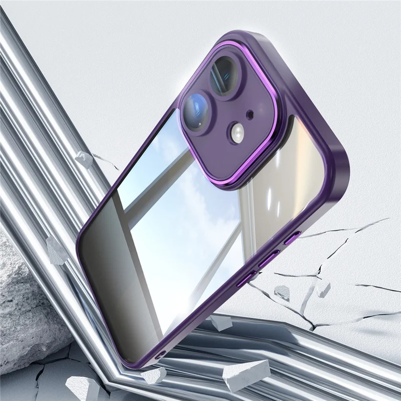 For iPhone 12 Case Camera Protection Metal Buttons TPU + Acrylic Anti-Scratch Phone Cover - Dark Purple