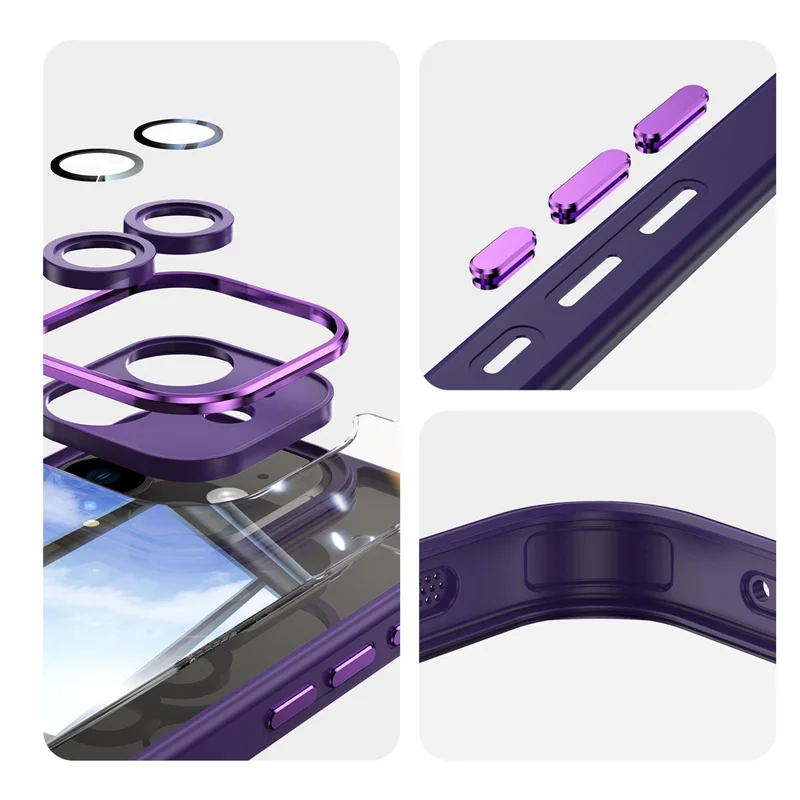 For iPhone 12 Case Camera Protection Metal Buttons TPU + Acrylic Anti-Scratch Phone Cover - Dark Purple