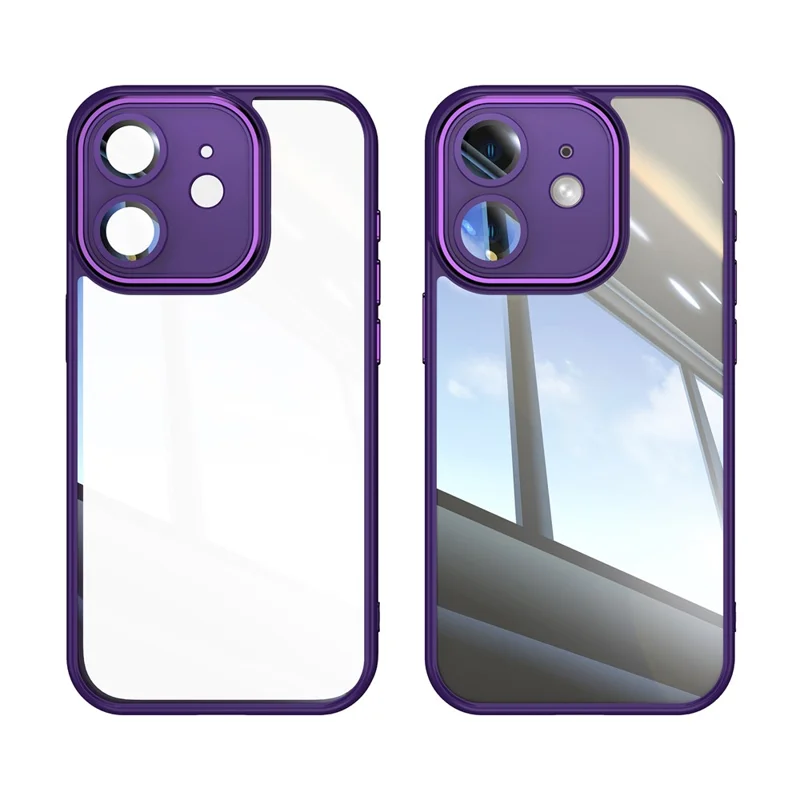 For iPhone 12 Case Camera Protection Metal Buttons TPU + Acrylic Anti-Scratch Phone Cover - Dark Purple