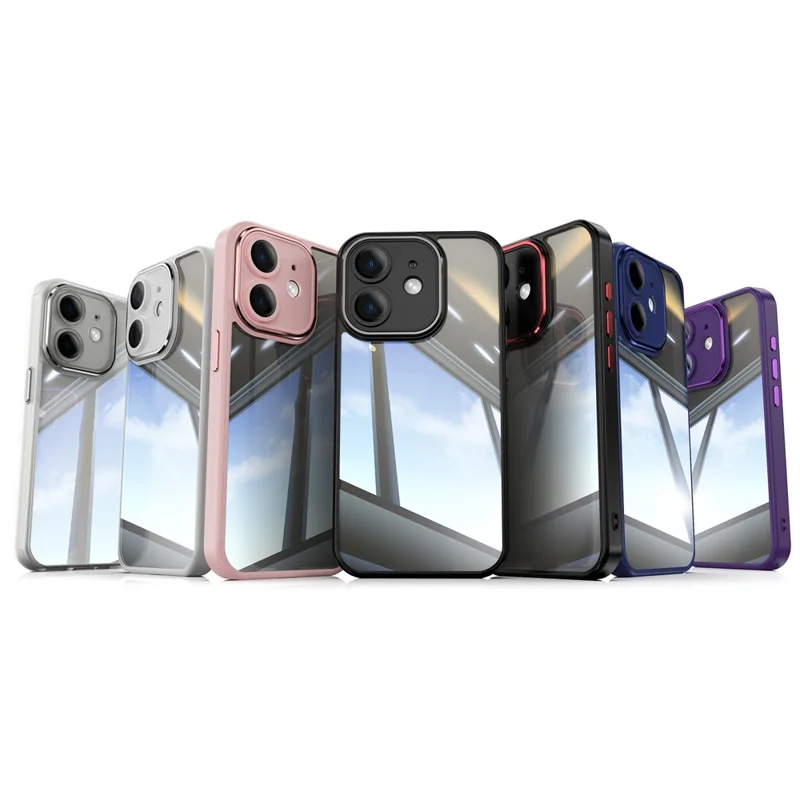 For iPhone 12 Case Camera Protection Metal Buttons TPU + Acrylic Anti-Scratch Phone Cover - Dark Purple