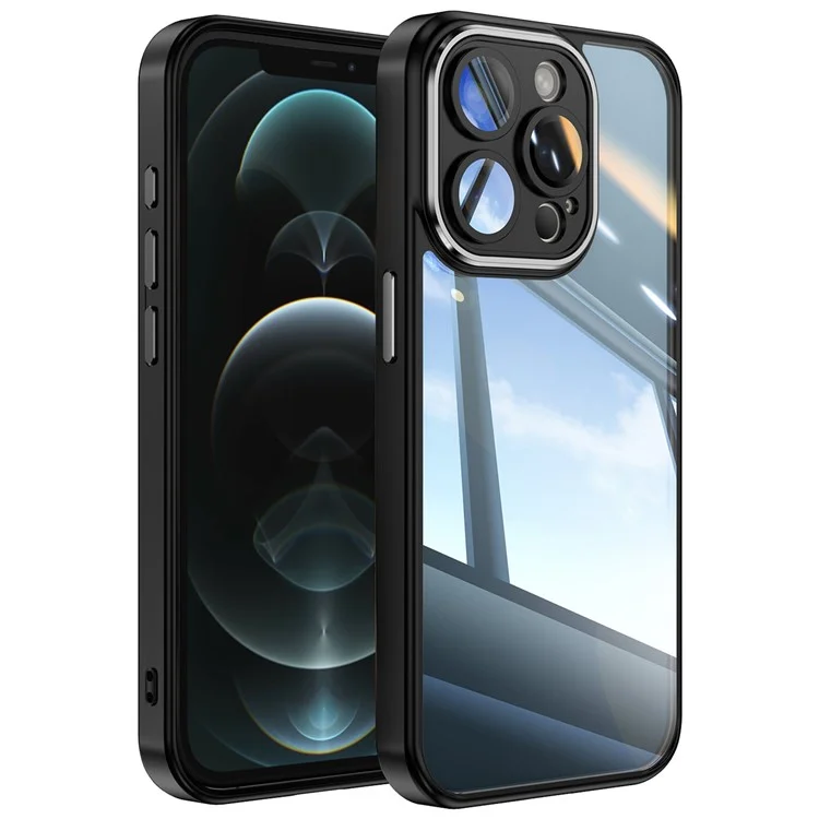 Pour iPhone 12 Pro Max Protection de la caméra Boutons métalliques TPU + Coque de téléphone à épreuve des chocs en acrylique - Noir