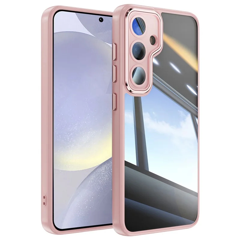 For Samsung Galaxy S24+ Case Metal Buttons Silky Touch TPU + Acrylic Airbag Protective Phone Cover - Pink
