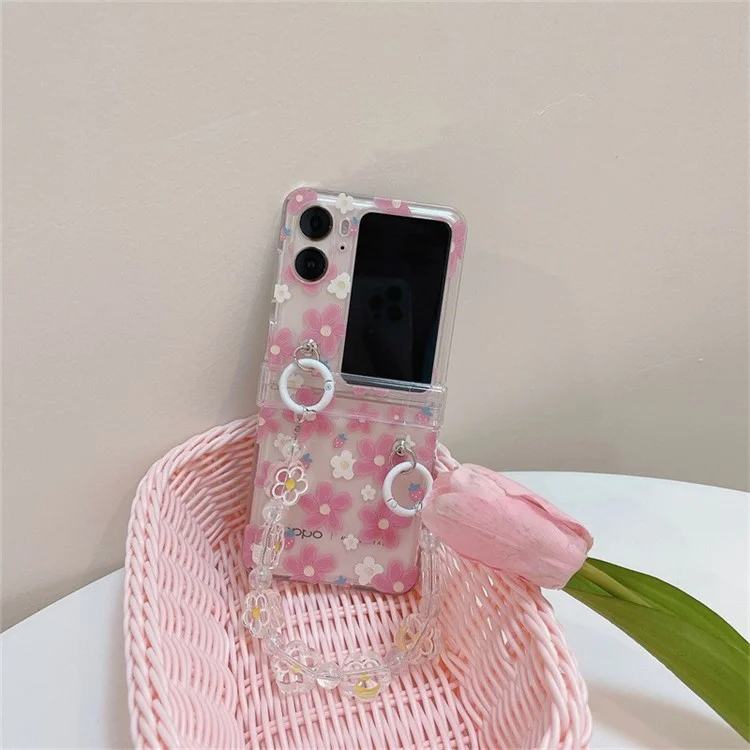 Pour Oppo Find N2 Flip 5G Étui Motif Floral Impression PC Coque de Téléphone avec Charme de Fleur Chaîne - Fleur Rose