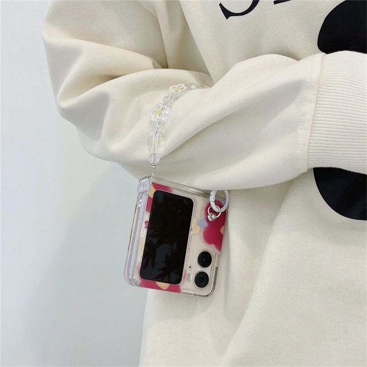 Pour Oppo Find N2 Flip 5G Étui Motif Floral Impression PC Coque de Téléphone avec Charme de Fleur Chaîne - Fleur Rose