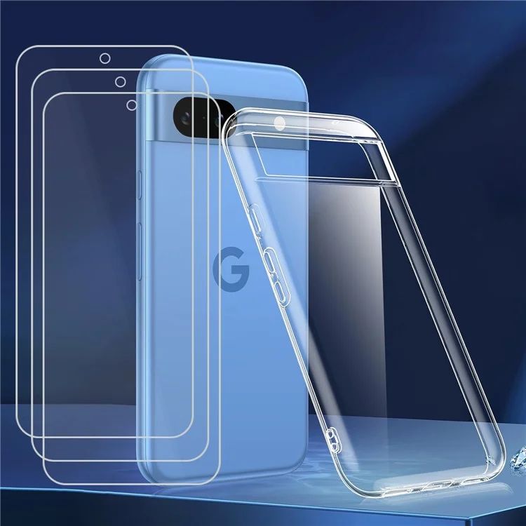 Pour étui Google Pixel 8a, étui TPU transparent avec film en verre trempé 2,5D 3 pièces