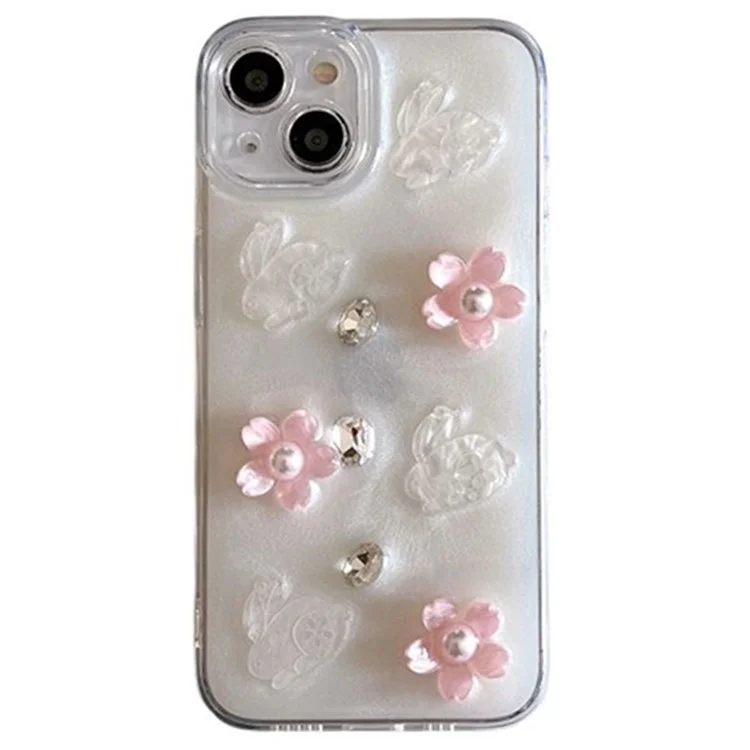 For iPhone 15 Epoxy Flower Phone Case Cell Phone Cover with Pearl Rhinestone Decors