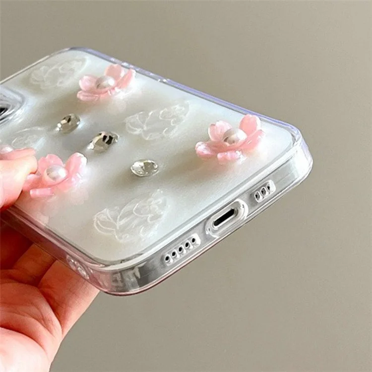 For iPhone 15 Epoxy Flower Phone Case Cell Phone Cover with Pearl Rhinestone Decors