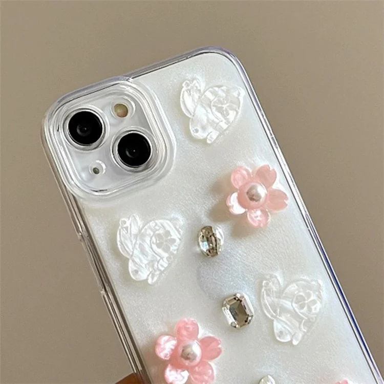 For iPhone 15 Epoxy Flower Phone Case Cell Phone Cover with Pearl Rhinestone Decors