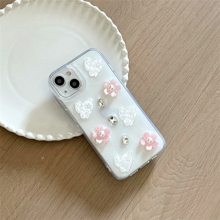 For iPhone 15 Epoxy Flower Phone Case Cell Phone Cover with Pearl Rhinestone Decors