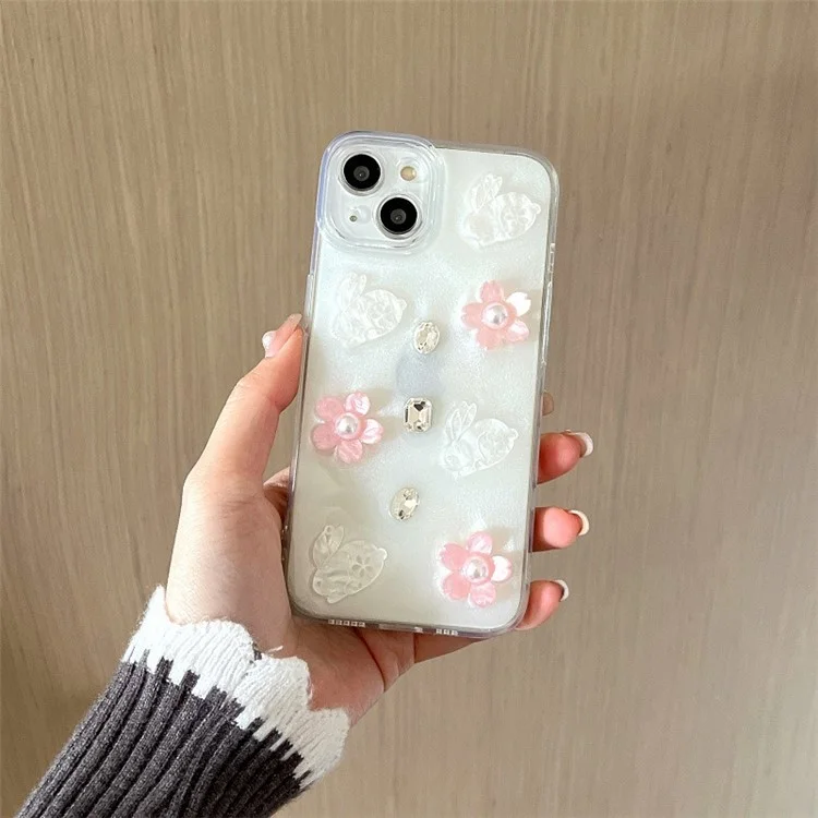 For iPhone 15 Epoxy Flower Phone Case Cell Phone Cover with Pearl Rhinestone Decors
