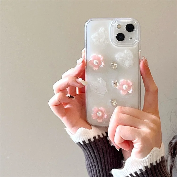 For iPhone 15 Epoxy Flower Phone Case Cell Phone Cover with Pearl Rhinestone Decors