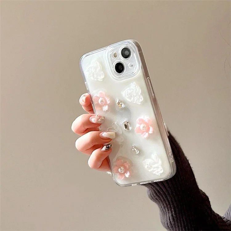 For iPhone 15 Epoxy Flower Phone Case Cell Phone Cover with Pearl Rhinestone Decors