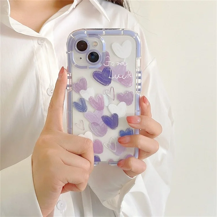 For iPhone 15 Anti-Drop TPU Cover Luminous Graffiti Heart Pattern Phone Case - Purple