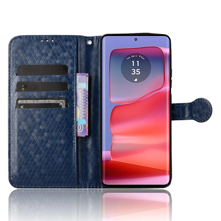 For Motorola Edge 50 Pro 5G Case Leather Card Holder Stand Phone Cover Dot Pattern Design - Dark Blue