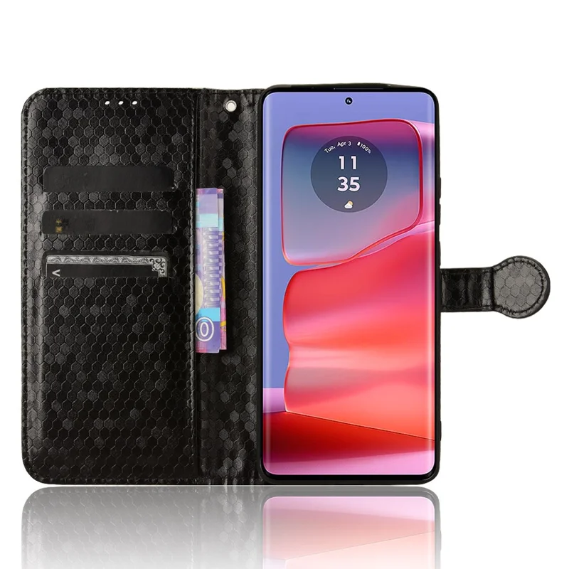 For Motorola Edge 50 Pro 5G Case Leather Card Holder Stand Phone Cover Dot Pattern Design - Black