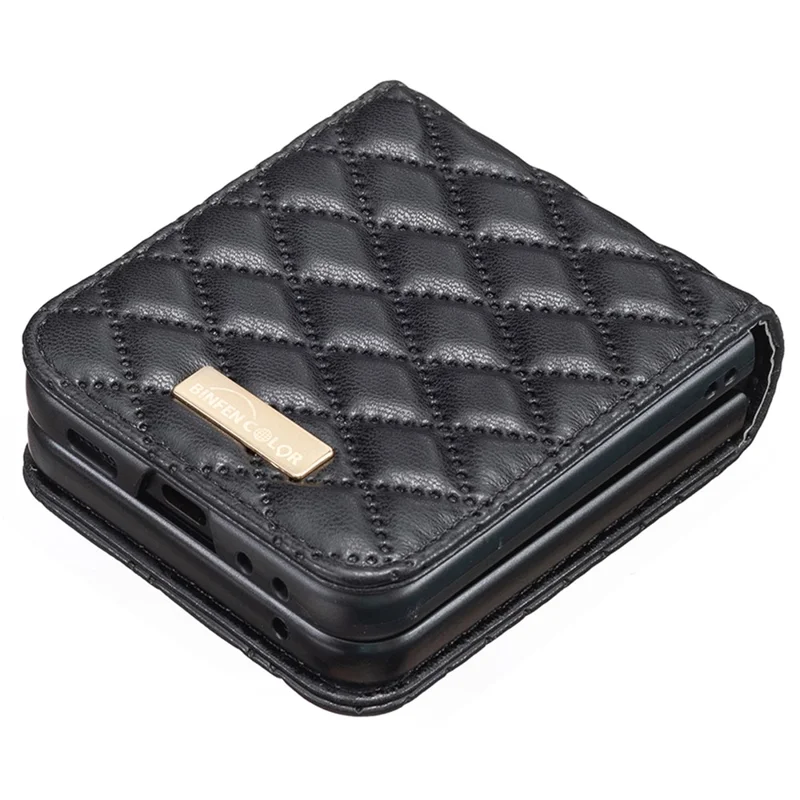 BINFEN COLOR For Samsung Galaxy Z Flip7 FE 5G / Z Flip6 5G / Z Flip5 5G Case Rhombus PU Leather Folding Phone Cover - Black