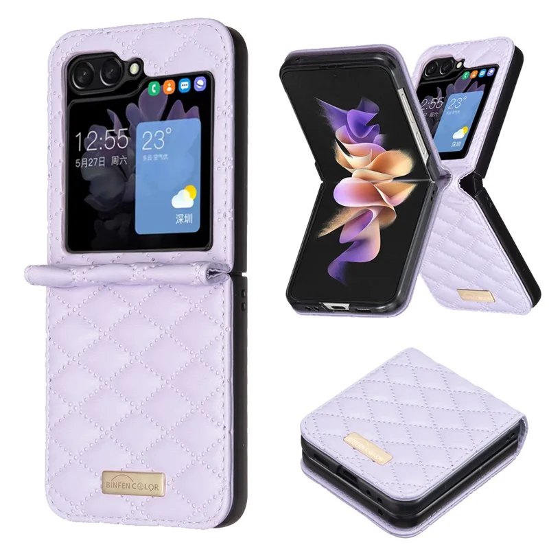 BINFEN COLOR For Samsung Galaxy Z Flip7 FE 5G / Z Flip6 5G / Z Flip5 5G Case Rhombus PU Leather Folding Phone Cover - Purple
