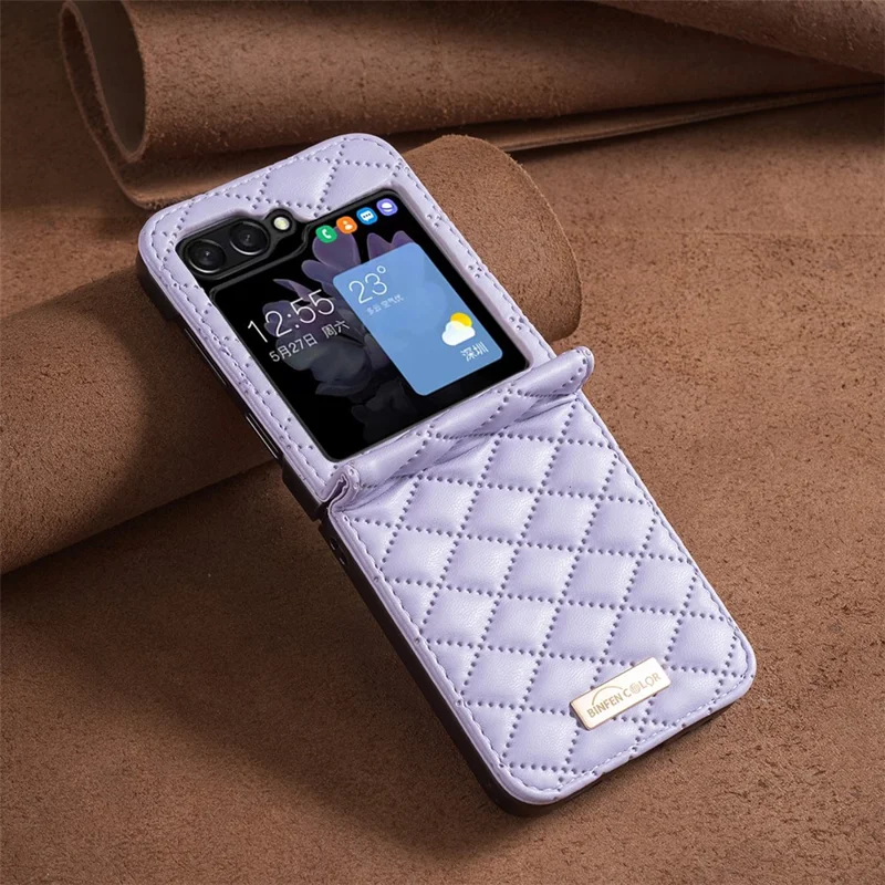 BINFEN COLOR For Samsung Galaxy Z Flip7 FE 5G / Z Flip6 5G / Z Flip5 5G Case Rhombus PU Leather Folding Phone Cover - Purple