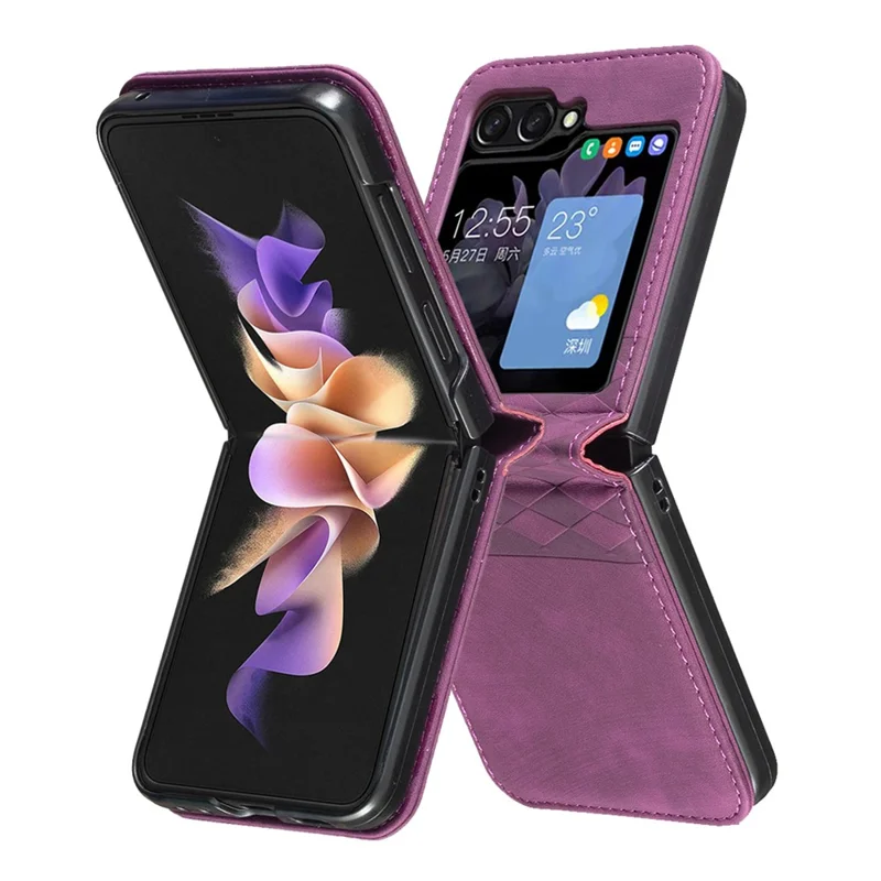 Para Samsung Galaxy Z Flip6 5G / Z Flip5 5G Capa Padrão de Grade Imprimir Couro à prova de choque Capa de telefone - Roxo escuro