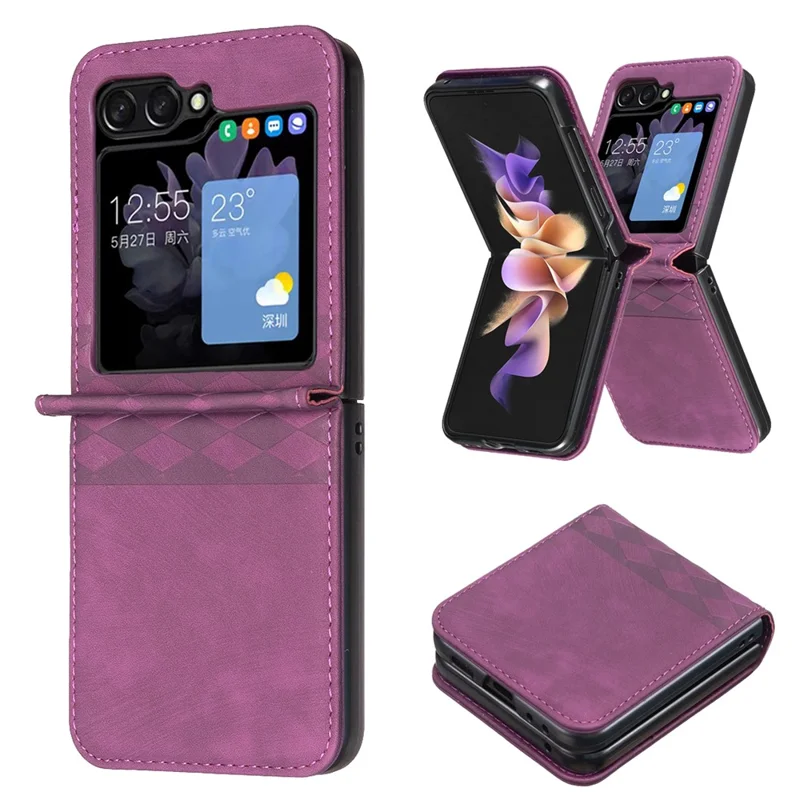 Para Samsung Galaxy Z Flip6 5G / Z Flip5 5G Capa Padrão de Grade Imprimir Couro à prova de choque Capa de telefone - Roxo escuro