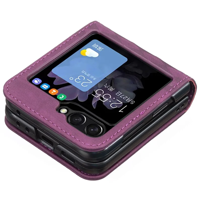 Para Samsung Galaxy Z Flip6 5G / Z Flip5 5G Capa Padrão de Grade Imprimir Couro à prova de choque Capa de telefone - Roxo escuro