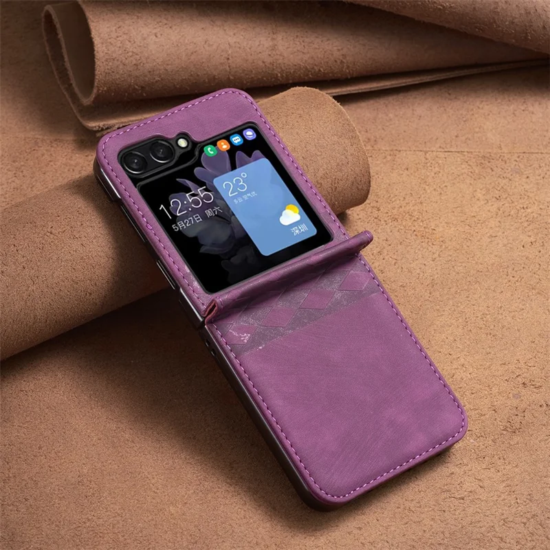 Para Samsung Galaxy Z Flip6 5G / Z Flip5 5G Capa Padrão de Grade Imprimir Couro à prova de choque Capa de telefone - Roxo escuro