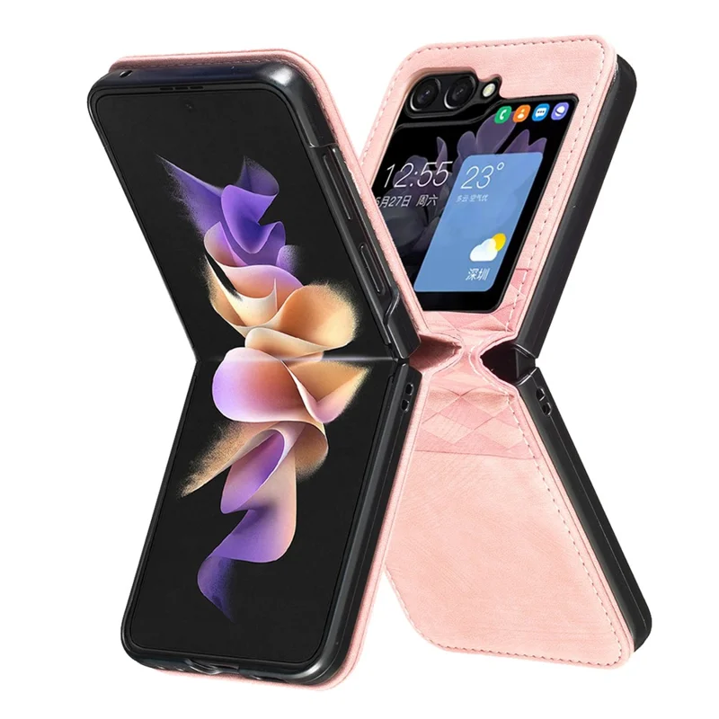 Для Samsung Galaxy Z Flip6 5G / Z Flip5 5G Чехол с сетчатым узором и тисненой кожей, противоударный чехол для телефона - Розовый