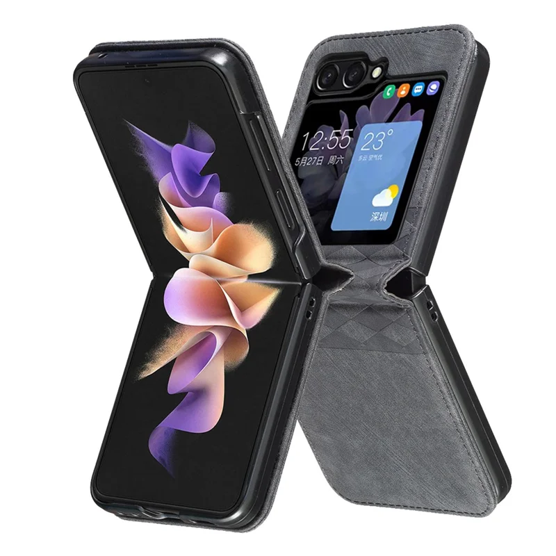 For Samsung Galaxy Z Flip7 FE 5G / Z Flip6 5G / Z Flip5 5G Case Grid Pattern Imprint Leather Shockproof Phone Cover - Black