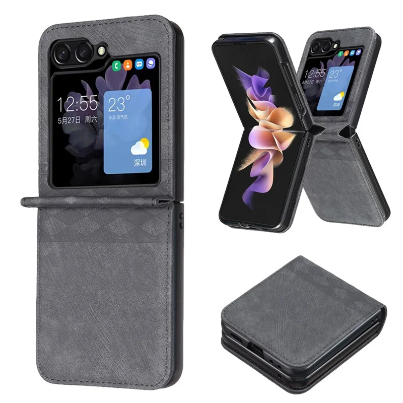 For Samsung Galaxy Z Flip7 FE 5G / Z Flip6 5G / Z Flip5 5G Case Grid Pattern Imprint Leather Shockproof Phone Cover - Black