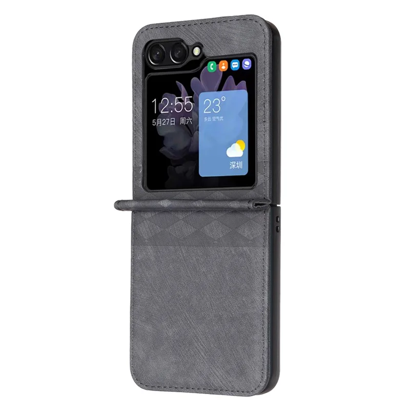 For Samsung Galaxy Z Flip7 FE 5G / Z Flip6 5G / Z Flip5 5G Case Grid Pattern Imprint Leather Shockproof Phone Cover - Black