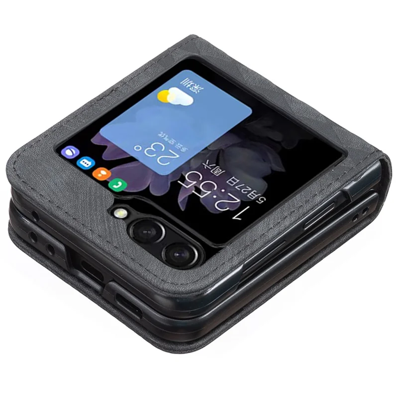 For Samsung Galaxy Z Flip7 FE 5G / Z Flip6 5G / Z Flip5 5G Case Grid Pattern Imprint Leather Shockproof Phone Cover - Black
