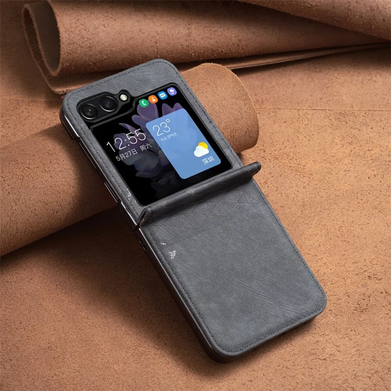 For Samsung Galaxy Z Flip7 FE 5G / Z Flip6 5G / Z Flip5 5G Case Grid Pattern Imprint Leather Shockproof Phone Cover - Black