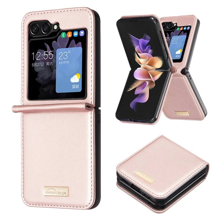 BINFEN COLOR R20 For Samsung Galaxy Z Flip7 FE 5G / Z Flip6 5G / Z Flip5 5G Case PU Leather+PC Phone Cover - Rose Gold