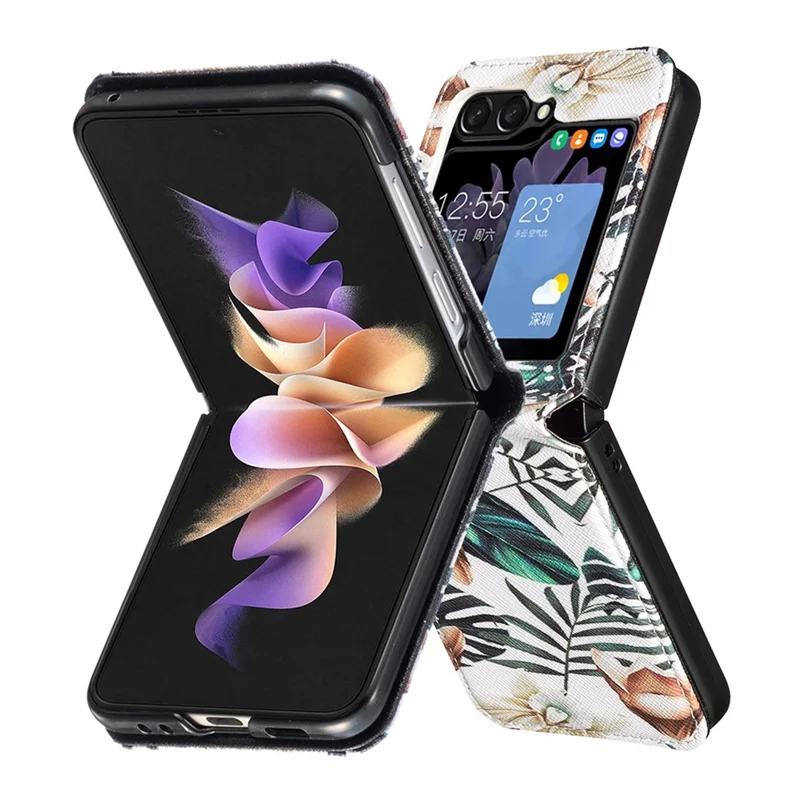 For Samsung Galaxy Z Flip7 FE 5G / Z Flip6 5G / Z Flip5 5G Case Pattern Print PU Leather Phone Shell - Leaves and Flowers