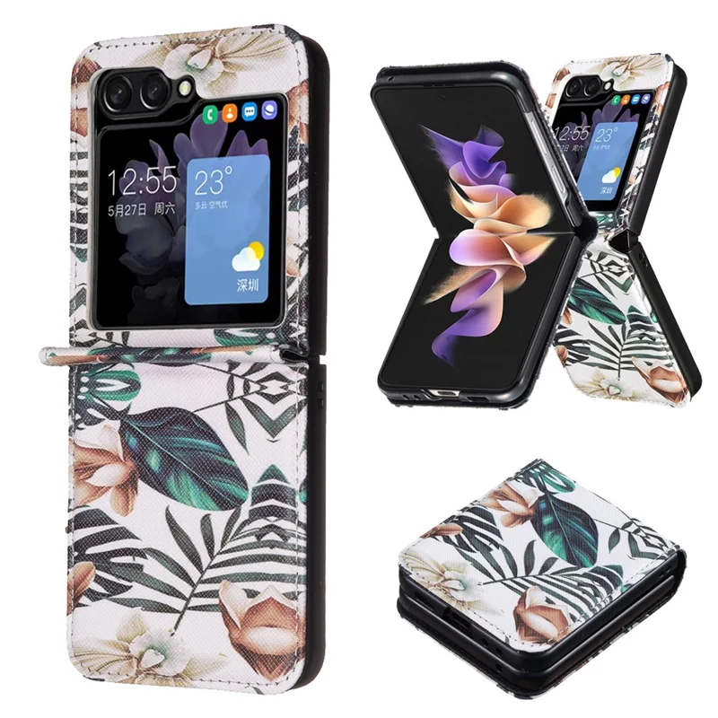 For Samsung Galaxy Z Flip7 FE 5G / Z Flip6 5G / Z Flip5 5G Case Pattern Print PU Leather Phone Shell - Leaves and Flowers