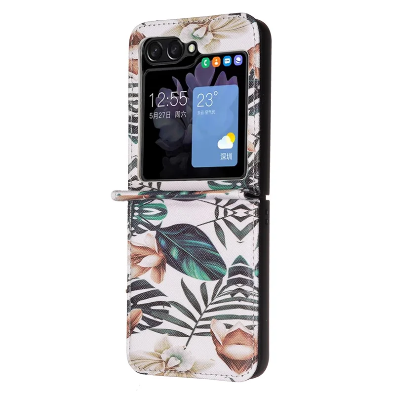 For Samsung Galaxy Z Flip7 FE 5G / Z Flip6 5G / Z Flip5 5G Case Pattern Print PU Leather Phone Shell - Leaves and Flowers
