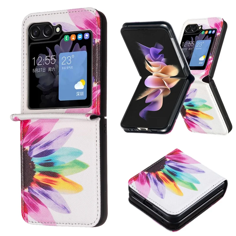 For Samsung Galaxy Z Flip7 FE 5G / Z Flip6 5G / Z Flip5 5G Case Pattern Print PU Leather Phone Shell - Sunflower