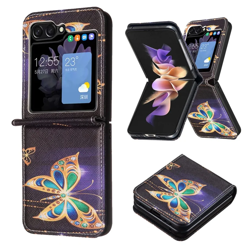 Para Samsung Galaxy Z Flip6 5G / Z Flip5 5G Capa Impressão de Padrão de Couro PU Capa de Telefone - Joia Borboleta