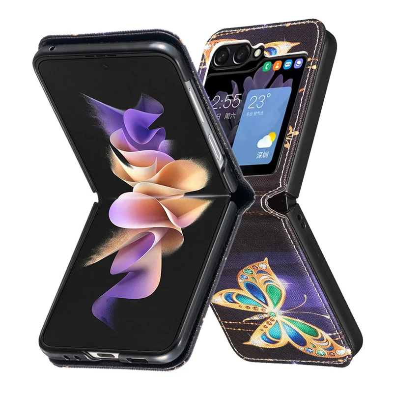 Para Samsung Galaxy Z Flip6 5G / Z Flip5 5G Capa Impressão de Padrão de Couro PU Capa de Telefone - Joia Borboleta