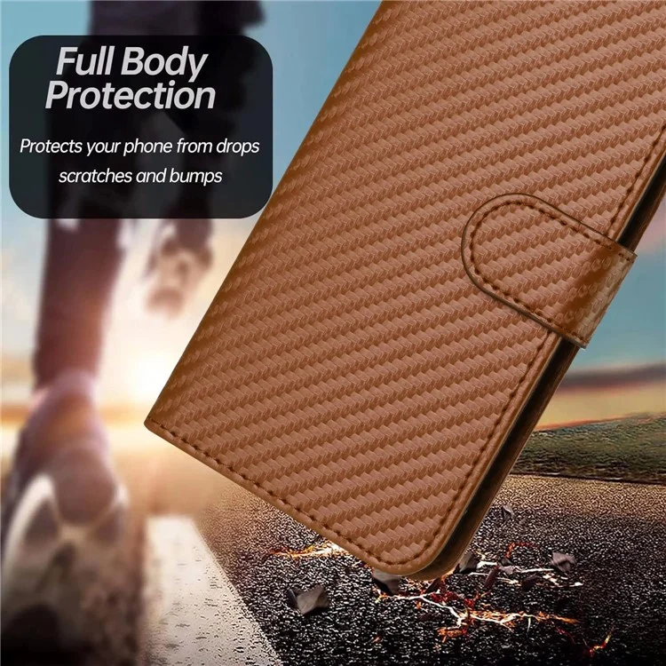 YX0070 Für Motorola Moto G Play (2024) 4G Hülle Carbon Fiber Textur Leder Telefonhalterung - Kaffee