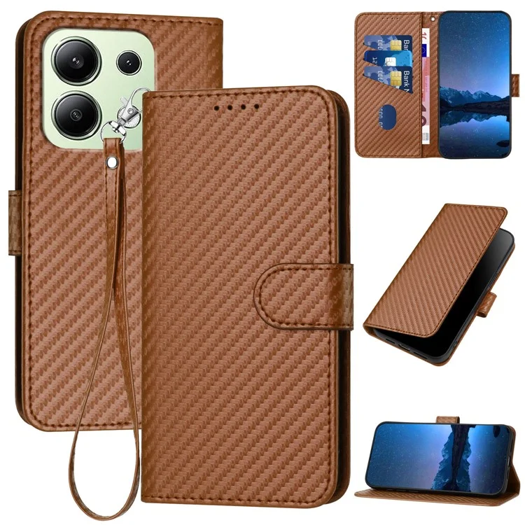 YX0070 For Xiaomi Redmi Note 13 4G PU Leather Phone Case Carbon Fiber Texture Stand Phone Cover - Brown