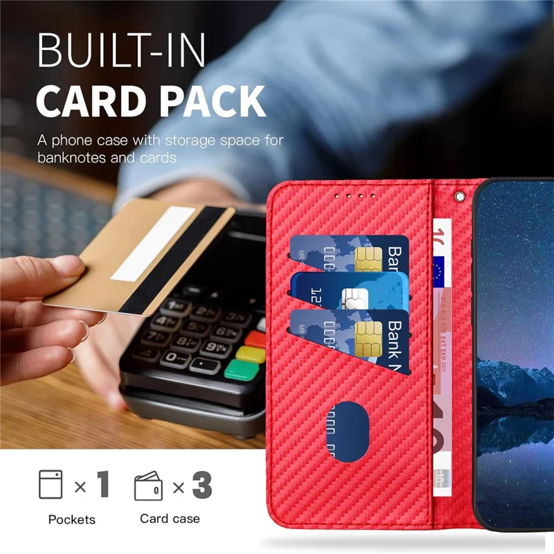YX0070 For Xiaomi Redmi Note 13 Pro+ 5G Case Carbon Fiber Texture Well-protected Leather Phone Cover - Red
