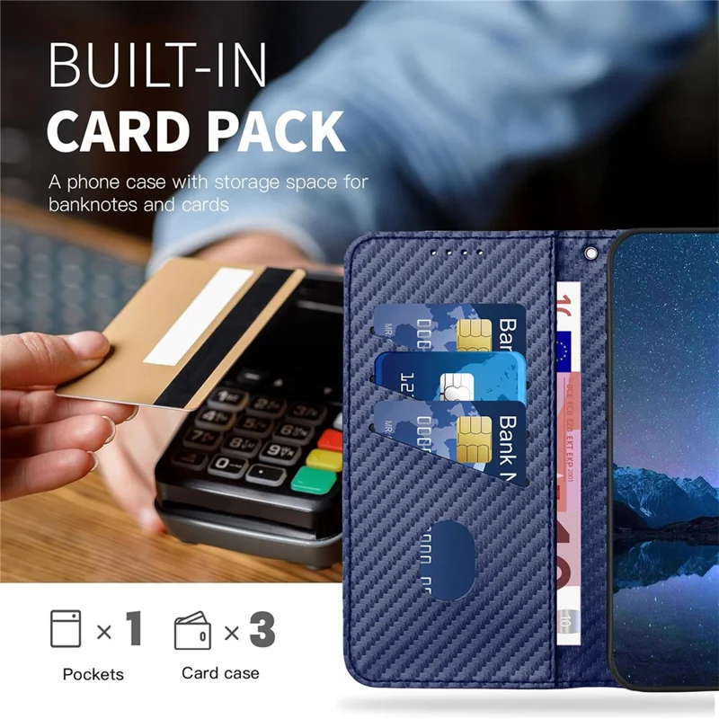 YX0070 For Xiaomi Redmi Note 13 Pro+ 5G Case Carbon Fiber Texture Well-protected Leather Phone Cover - Sapphire